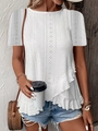 Close-up of white short-sleeved top featuring intricate eyelet embroidery and ruffle details - S / White