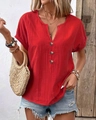 Camicia da donna a maniche corte in cotone e lino rosso brillante con scollo a V - S / Rosso