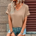 Detail of V-neck short sleeve t-shirt with decorative shoulder buttons and rolled cuffs - Khaki
