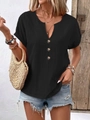 T-shirt da donna nera con scollo a V, maniche corte con bottoni e risvolto estivo - S / Nero