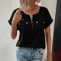 Women black short sleeve V-neck blouse with silver zipper and decorative pockets - S / Black