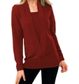 Jersey de punto burdeos para mujer con cuello en V profundo y diseño de capas - S / Burdeos