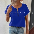 Royal blue short sleeve V-neck zipper top with gold button decor for women's fashion - S / Blue
