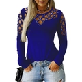 Detail of navy long sleeve top with lattice cut-out shoulders and rhinestone embellishments - Sapphire Blue