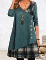 Detail of V-neck long sleeve patchwork dress with decorative buttons and plaid hem - S / Dresses / Dark Green