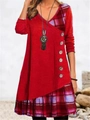 Detail of V-neck casual dress with plaid patchwork, decorative buttons and tassel necklace - Red