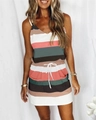 Detail view of the colorful striped summer dress with V-neck and drawstring waist tie - Dark Green