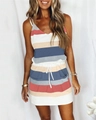 Detailed view of the striped summer dress featuring a drawstring waist and front pockets - Dark Blue