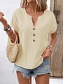 Women's V-neck short sleeve T-shirt with buttons in beige cotton blend fabric - Apricot