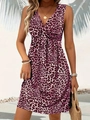 Pink leopard print sleeveless V-neck dress with knot detail for summer vacation style - S / Burgundy