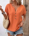 Women's V-neck orange short sleeve cotton t-shirt with wooden buttons and rolled sleeves - Orange