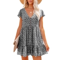 Summer V-neck floral dress with short ruffled sleeves and tiered button-front design - S / Black