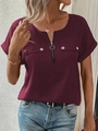 Women's burgundy short sleeve zipper shirt with silver button pocket details - S / Burgundy