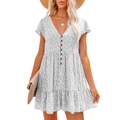 Women's V-neck floral summer dress with buttons and tiered skirt in light grey - S / Gray