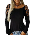 Close-up of black long sleeve top featuring diamond hollow-out shoulder and rhinestones - S / Tops / Black