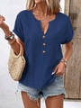 Women's dark blue V-neck short sleeve top with wood-style buttons and rolled cuffs - Navy Blue