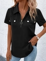 Women's black short sleeve shirt featuring silver zippers and cargo style flap pockets - S / Black