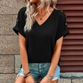 Women's black V-neck T-shirt featuring stylish shoulder buttons and rolled sleeves - S / Black