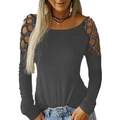 Detail of shoulder mesh cutout and silver rhinestones on a dark grey long sleeve top - S / Tops / Dark Gray
