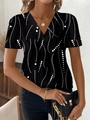 Top nero da donna con scollo a V e motivi geometrici astratti bianchi alla moda - Taglia S / Top / Nero