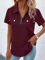 Women's deep wine red short sleeve shirt with zipper lapel and functional dual pockets - S / Burgundy