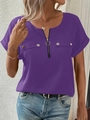 Women's deep purple short sleeve T-shirt with ring zipper and gold button pockets - S / Purple