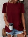 Short sleeve round neck dark red t-shirt with eyelet embroidery and ruffle hem details - S / Burgundy