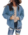 Detail of greyish blue corduroy shacket featuring classic lapel and front flap pockets - Lake Blue