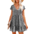 Summer V-neck floral babydoll dress with short sleeves and buttons in black and white - S / Black