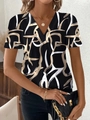 T-shirt da donna con scollo a V e stampa a linee astratte nere e sabbia - Taglia S / Top / Linee Bianco Nero
