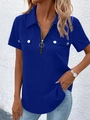 Women's dark blue short sleeve top with zipper V-neck and metal ring detail - S / Blue