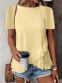 Women's light yellow short sleeve T-shirt with broderie anglaise embroidery and ruffle hem - S / Yellow