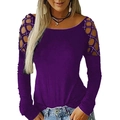 Women's dark purple long sleeve top with rhinestone hollow-out shoulders and crew neck - S / Tops / Purple