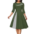 Abito midi retrò verde scuro con inserti a pois bianchi e vita sottile sfiancata - Taglia S / Verde Militare