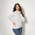 Elegant light gray ribbed knit turtleneck top with gold buttons on the long sleeves - S / White