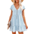 Light blue floral V-neck summer dress with short sleeves and ruffled tiered skirt hem - S / Sky Blue