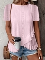 T-shirt rose clair à manches courtes en broderie anglaise avec ourlet à volants biais - Rose