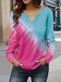 Women's V-neck long sleeve top with pink and blue gradient abstract print and white lines - S / Rose Red