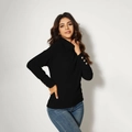 Elegant black turtleneck knit sweater with golden button cuffs and ribbed texture - S / Black