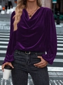 Detail of dark purple velvet long-sleeve top featuring a stylish draped cowl neckline - Purple
