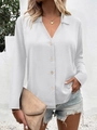 Detail of elegant white long sleeve ice silk shirt featuring wood grain button closure - S / White
