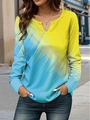 Women's V-neck long sleeve top featuring yellow and sky blue gradient digital print - S / Sky Blue