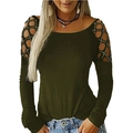 Women long sleeve army green top with hollow diamond pattern shoulder cutouts - S / Tops / Army Green