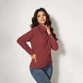 Slim-fit dark red turtleneck knit sweater with ribbed texture and gold buttons on cuffs - S / Brick Red