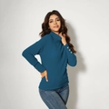 Elegant dark blue turtleneck knit top for women with chic gold sleeve buttons - S / Blue
