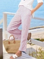 Red and white striped casual trousers with elastic waist and buttoned side hems - S / Pink