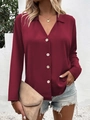 Close-up of wine red long sleeve shirt with V-neckline and elegant white buttons - S / Burgundy