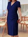 Elegantes marineblaues Kurzarm-Etuikleid mit V-Ausschnitt und Taillenfalten - 1XL / Blau