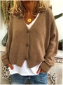 Detail view of a brown knit cardigan with thick texture and large brown buttons - Khaki / S