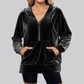 Sweat à capuche femme en velours noir avec col zippé et grande poche kangourou - S / Hauts / Noir